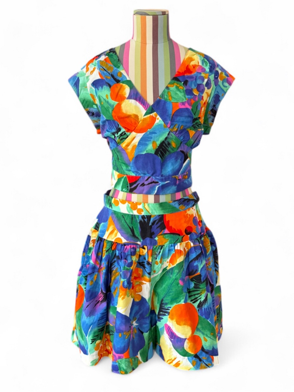 Vintage Susan Harrington 100% Cotton Colorful Tropical Floral Shorts & Top Set